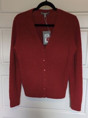 Neiman Marcus The Cashmere Collection Coral Eyelet V-Neck Button Cardigan